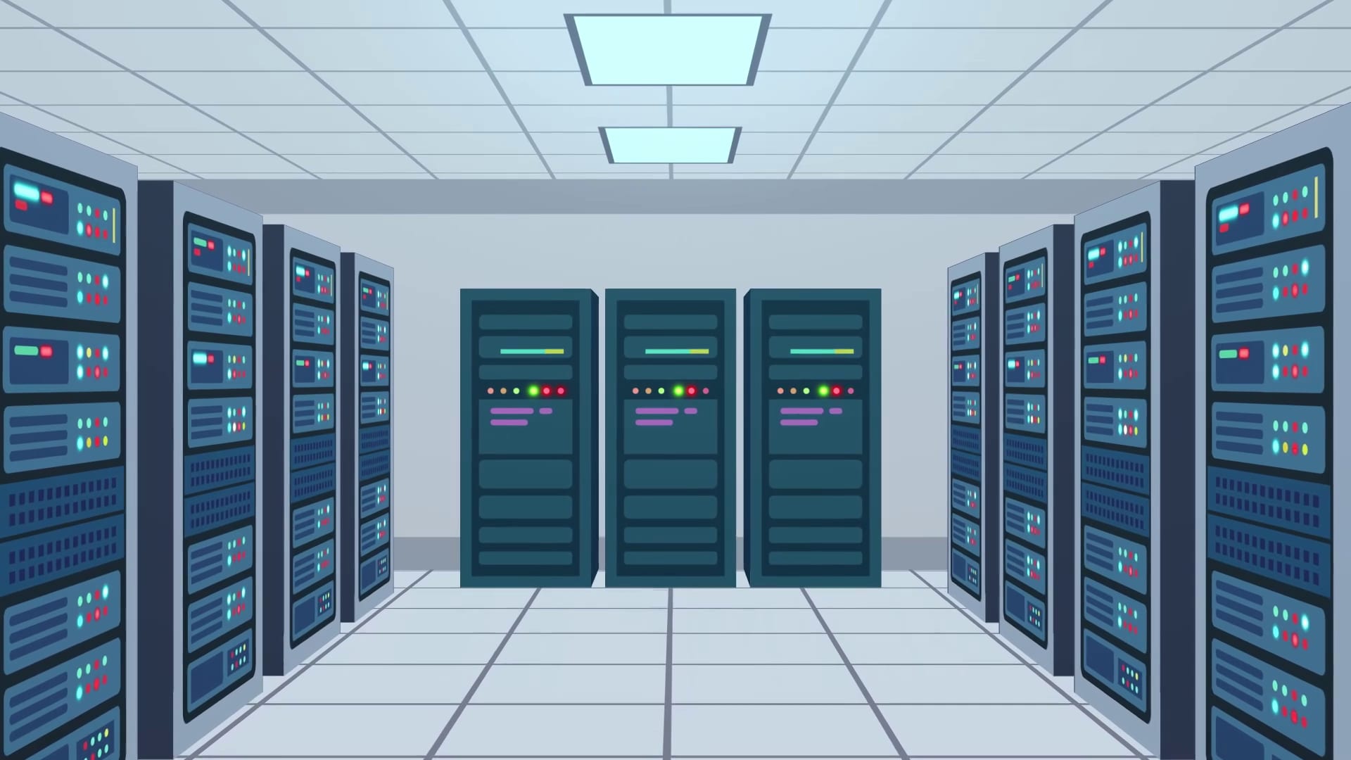 Animatie van een datazaal vol serverracks